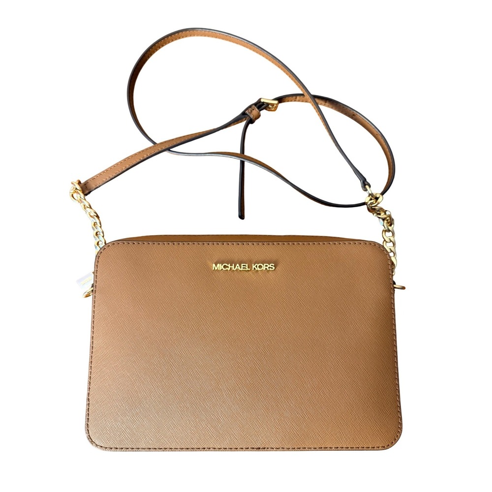 Michael Kors Jet Set East West Crossbody Bag Luggage Brown Saffiano Leather Gold